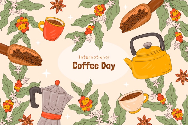 世界コーヒーデーの祝賀のための手描きの背景