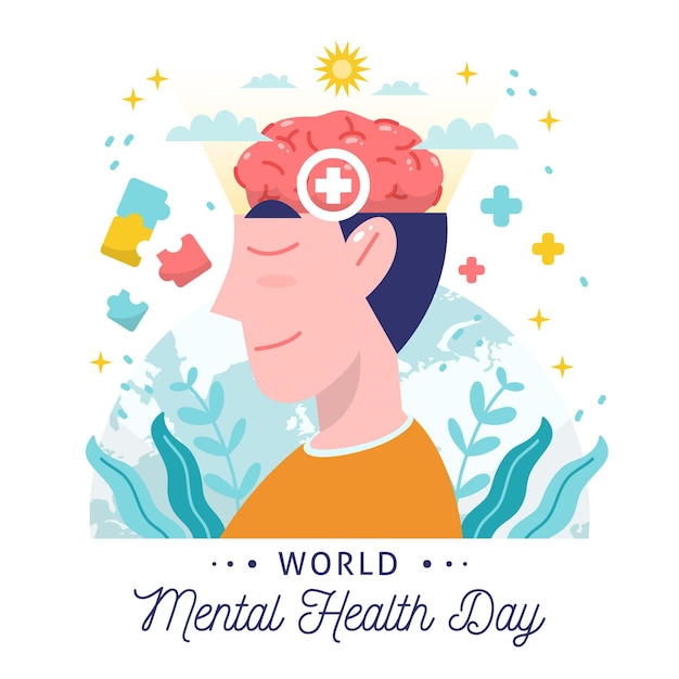 Vettore gratuito giornata mondiale della salute mentale di sfondo disegnato a mano con testa e segni più