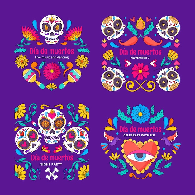 Hand drawn badges collection for dia de muertos celebration