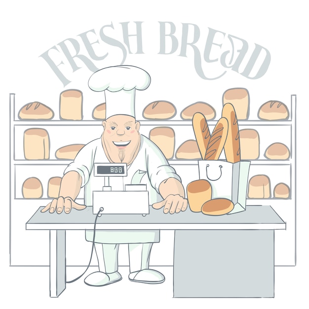 Free vector hand drawn baker character in shop illustration