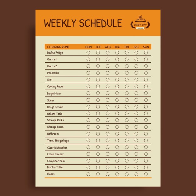 hand-drawn bakery 1880 weekly cleaning schedule