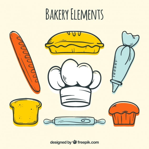 Free vector hand drawn bakery elements and products