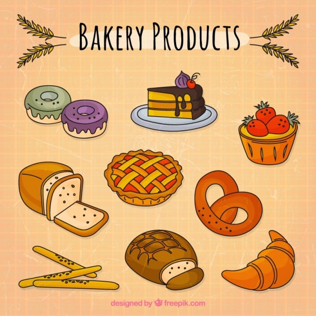 Free vector hand drawn bakery products pack