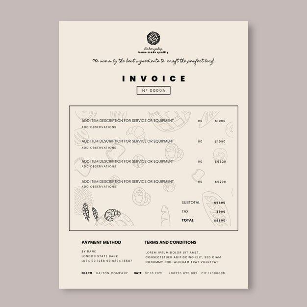 Hand drawn bakery shop invoice template