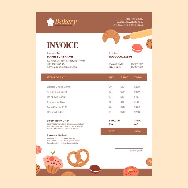 Hand drawn bakery shop invoice template