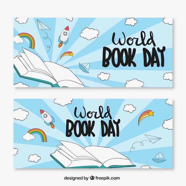 Hand-drawn banners with clouds and rockets for world book day