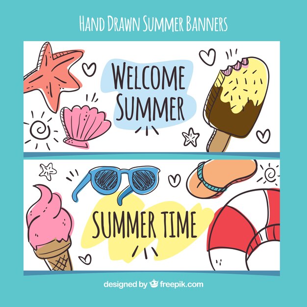 Free vector hand-drawn banners with ice creams and summer items