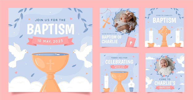 Free vector hand drawn baptism instagram posts template