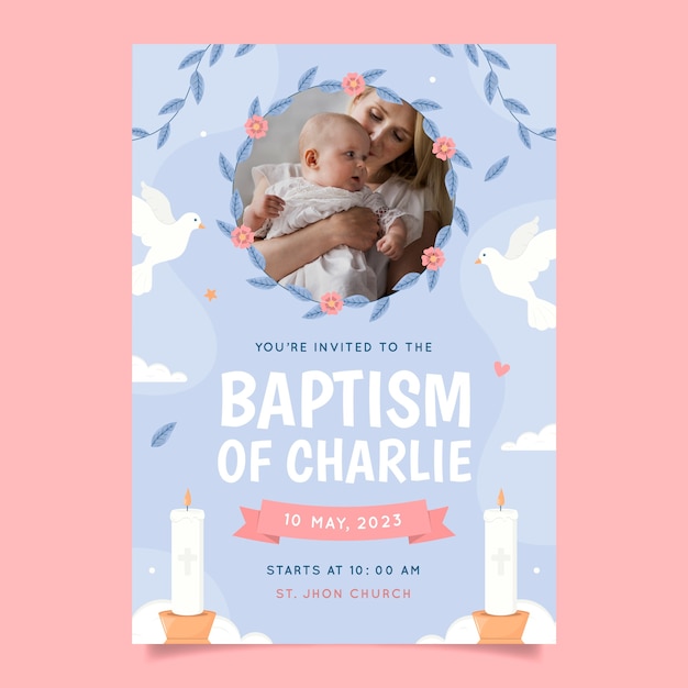 Бесплатное векторное изображение Ручной обращается шаблон приглашения на крещение