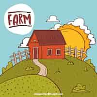 Free vector hand drawn barn in a farm landscape