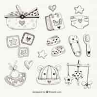 Free vector hand drawn basket and baby accessories