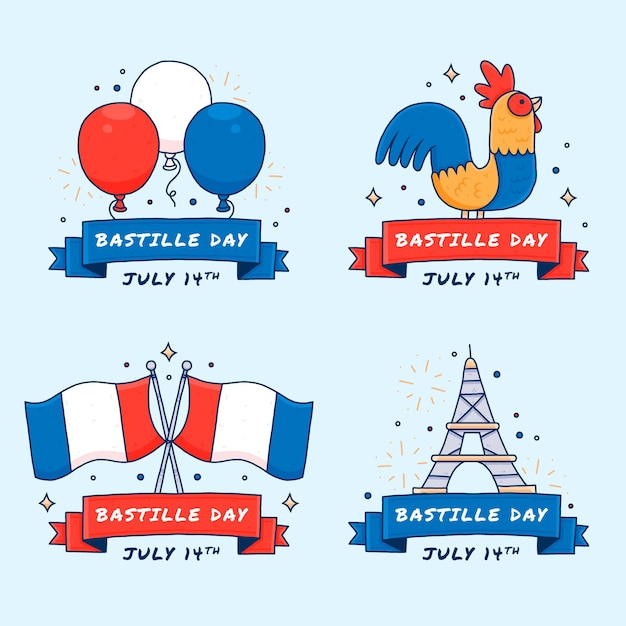 Free vector hand drawn bastille day badge collection