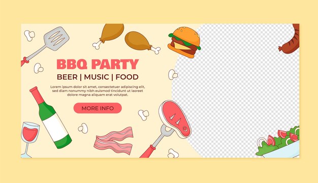 Vettore gratuito banner orizzontale per festa barbecue disegnato a mano