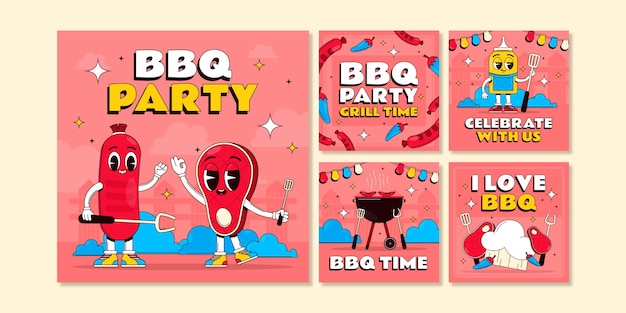 Free vector hand drawn bbq party  instagram posts