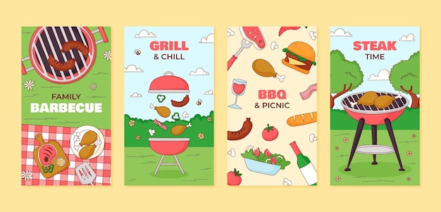 Vettore gratuito storie di instagram per feste barbecue disegnate a mano