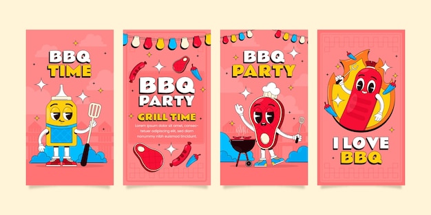 Vettore gratuito storie di instagram per feste barbecue disegnate a mano