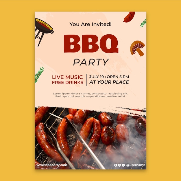 Бесплатное векторное изображение Нарисованный рукой шаблон приглашения на вечеринку барбекю