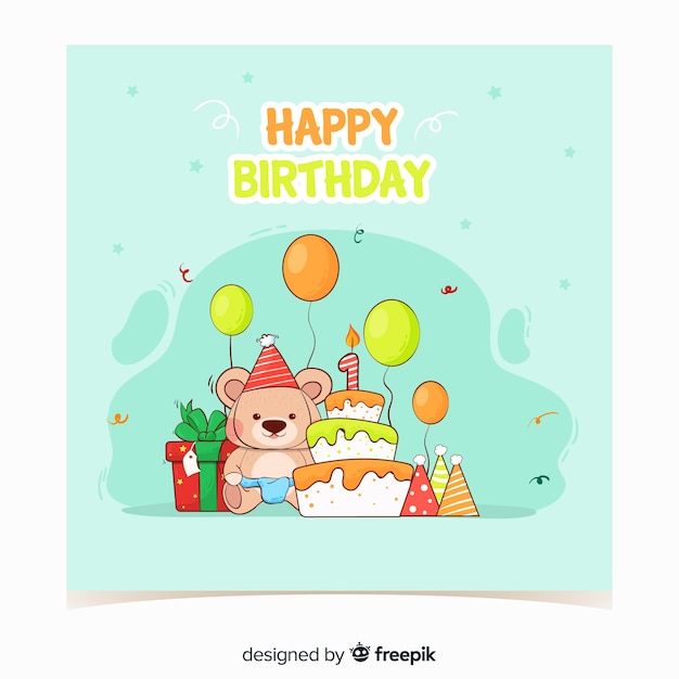 Hand drawn bear first birthday card template