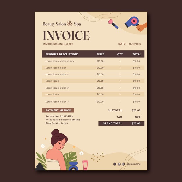 Hand drawn beauty salon invoice template