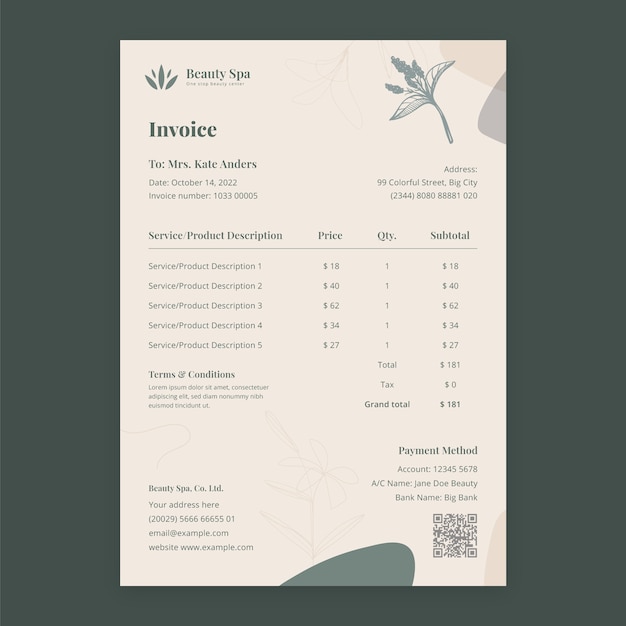 Hand drawn beauty spa invoice template