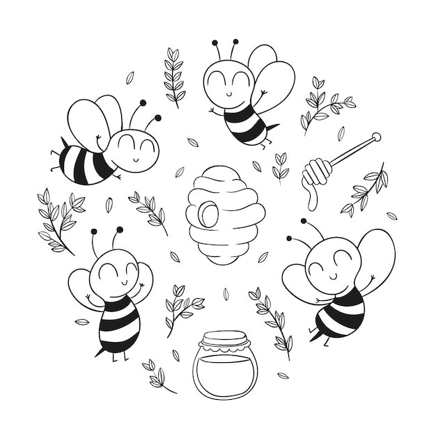 Бесплатное векторное изображение Нарисованная рукой иллюстрация контура пчелы