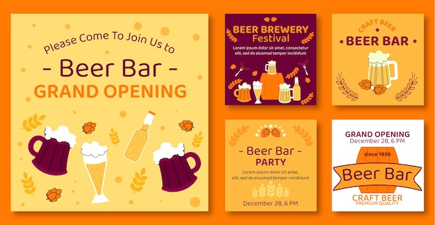 Free vector hand drawn beer bar instagram posts collection