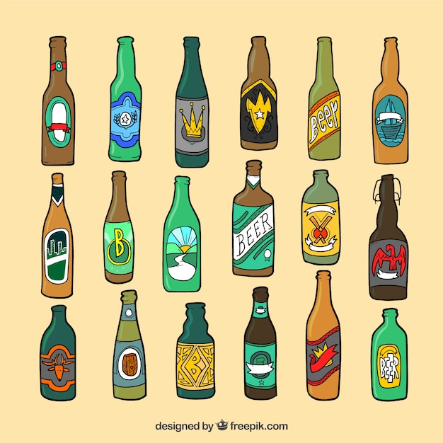 Collezione di bottiglie di birra disegnata a mano