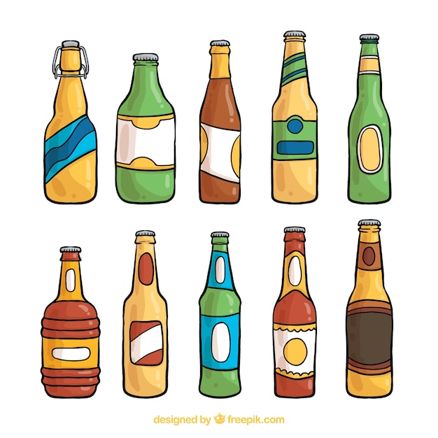 Бесплатное векторное изображение Коллекция рисованной пивной бутылки