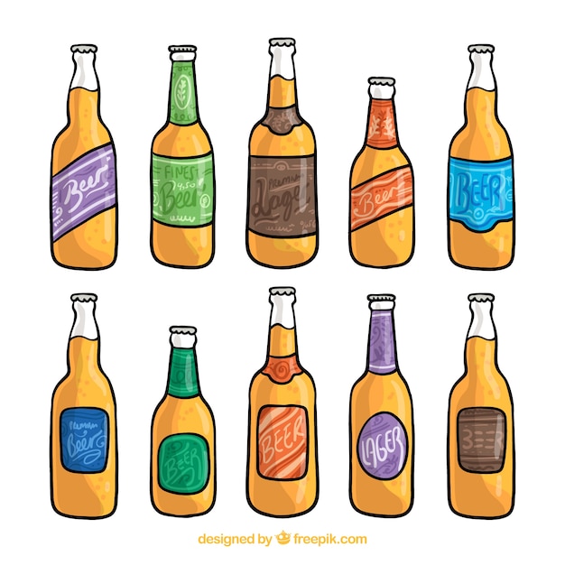 Collezione di bottiglie di birra disegnata a mano