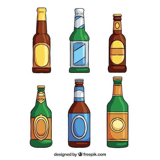 Collezione di bottiglie di birra disegnata a mano