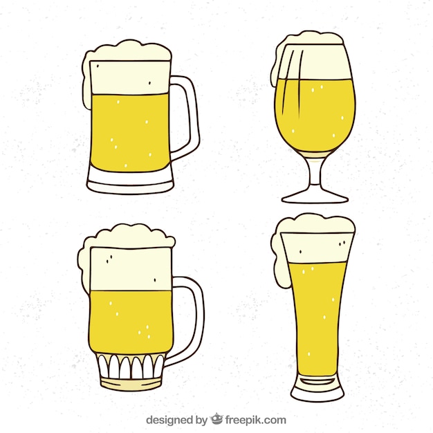 Bicchiere da birra e collezione di tazze disegnate a mano