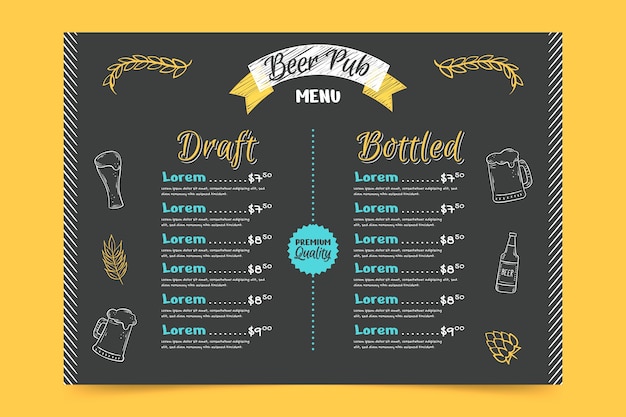 Modello di menu della birra disegnato a mano