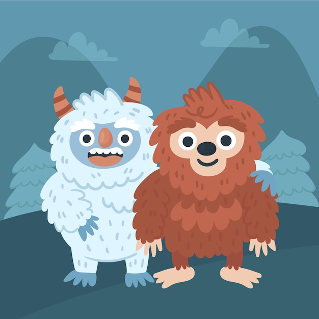 Disegnato a mano bigfoot sasquatch e yeti abominevole pupazzo di neve illustrazione