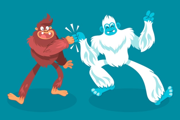 Vettore gratuito illustrazione disegnata a mano del pupazzo di neve di bigfoot sasquatch e yeti adominable