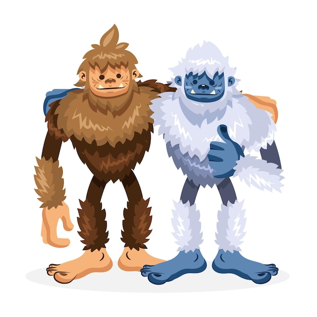 Vettore gratuito illustrazione disegnata a mano del pupazzo di neve di bigfoot sasquatch e yeti adominable