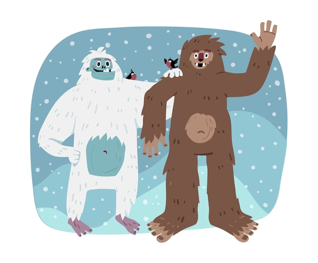 Hand-drawn bigfoot sasquatch and yeti adominable snowman illustration
