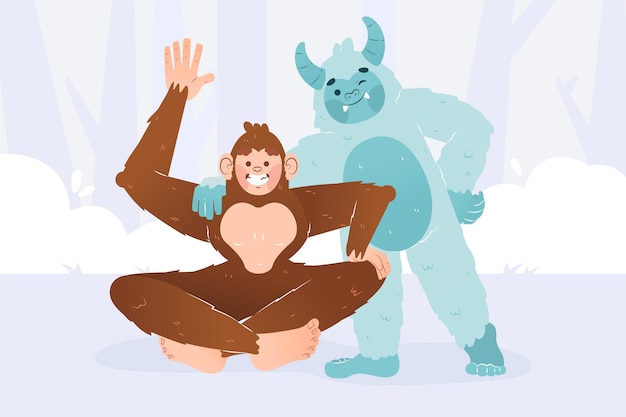 Vettore gratuito illustrazione disegnata a mano del pupazzo di neve di bigfoot sasquatch e yeti adominable