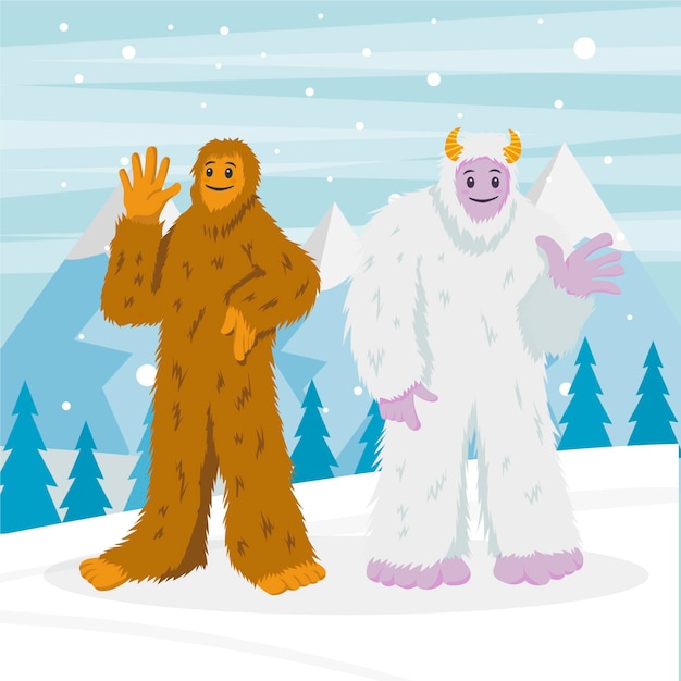 Illustrazione disegnata a mano del pupazzo di neve di bigfoot sasquatch e yeti adominable