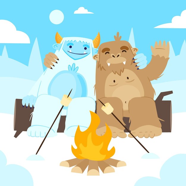 Hand-drawn bigfoot sasquatch and yeti adominable snowman illustration