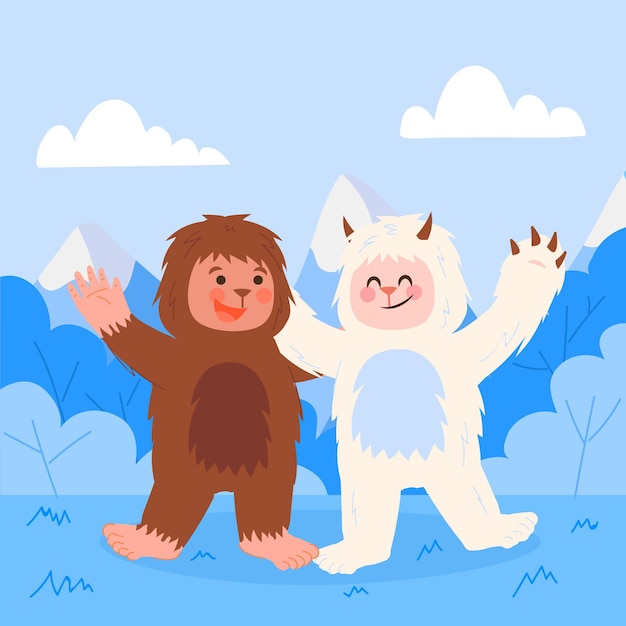 Illustrazione disegnata a mano del pupazzo di neve di bigfoot sasquatch e yeti adominable