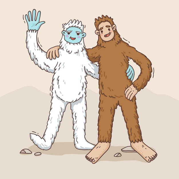 Vettore gratuito illustrazione disegnata a mano del pupazzo di neve di bigfoot sasquatch e yeti adominable