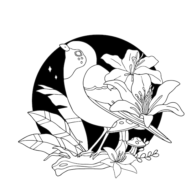 Hand drawn bird with flowers illustration