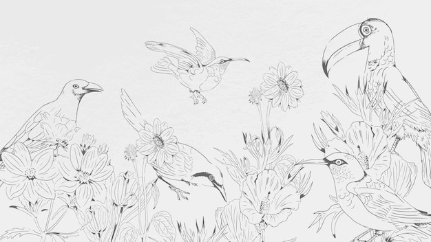 Free vector hand drawn birds and flowers pattern on white background