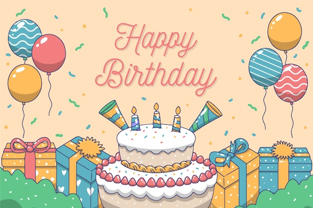 Hand drawn birthday background with cake