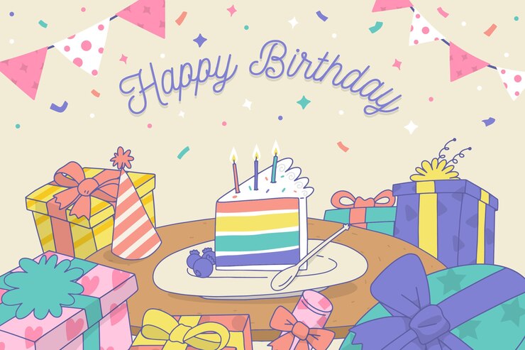 무료 Vector 무지개 케이크와 함께 손으로 그린 생일 배경