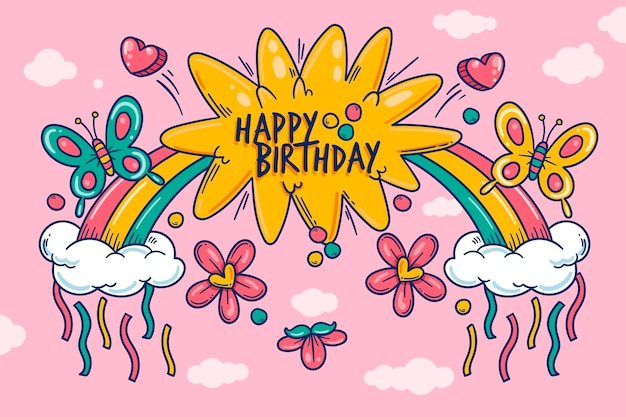 Hand drawn birthday background with rainbow