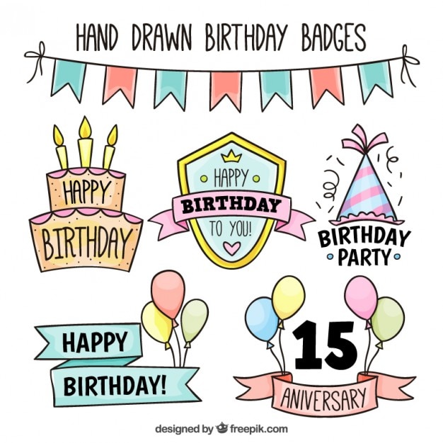 Vettore gratuito disegnati a mano badge di compleanno