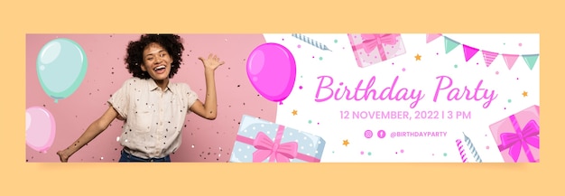 Vettore gratuito banner di contrazione dei palloncini di compleanno disegnati a mano