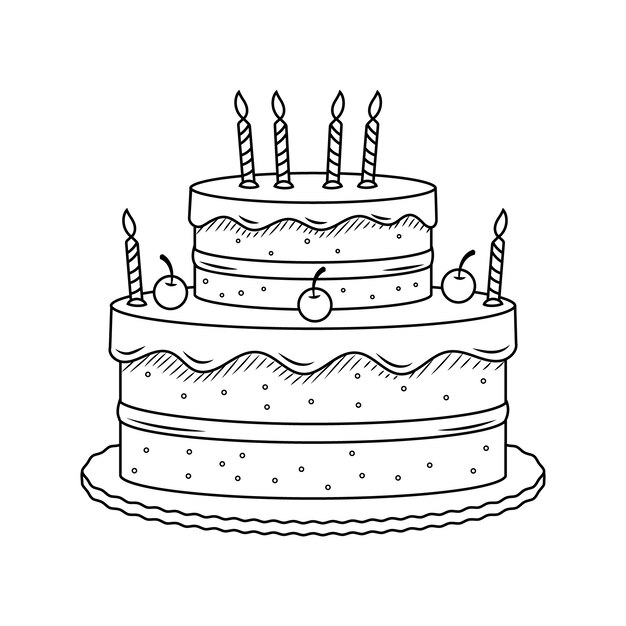 Нарисованная рукой иллюстрация контура торта ко дню рождения