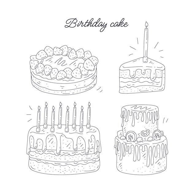 Нарисованная рукой иллюстрация контура торта ко дню рождения